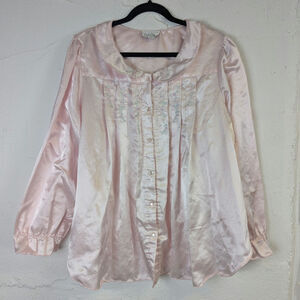 Vtg Nicole Pastel Pink Granny Sleep Shirt Chemise Large Long Sleeve Flowers